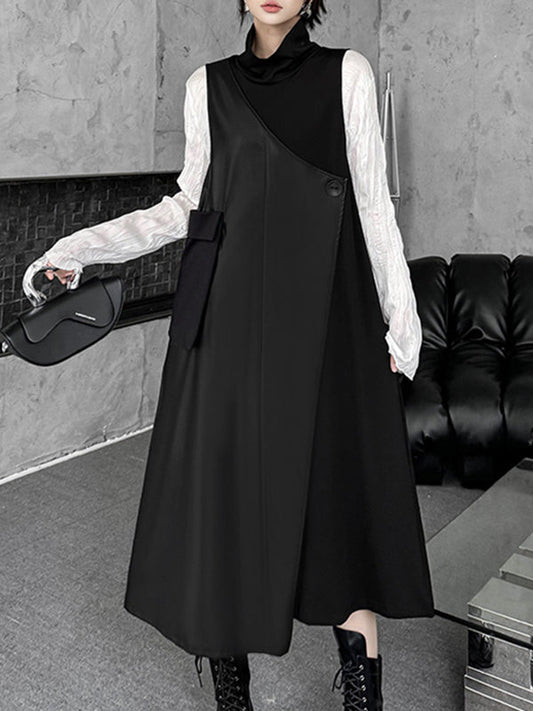 Irregularity Loose Asymmetric Buttoned Solid Color Split-Joint High Neck Midi Dresses