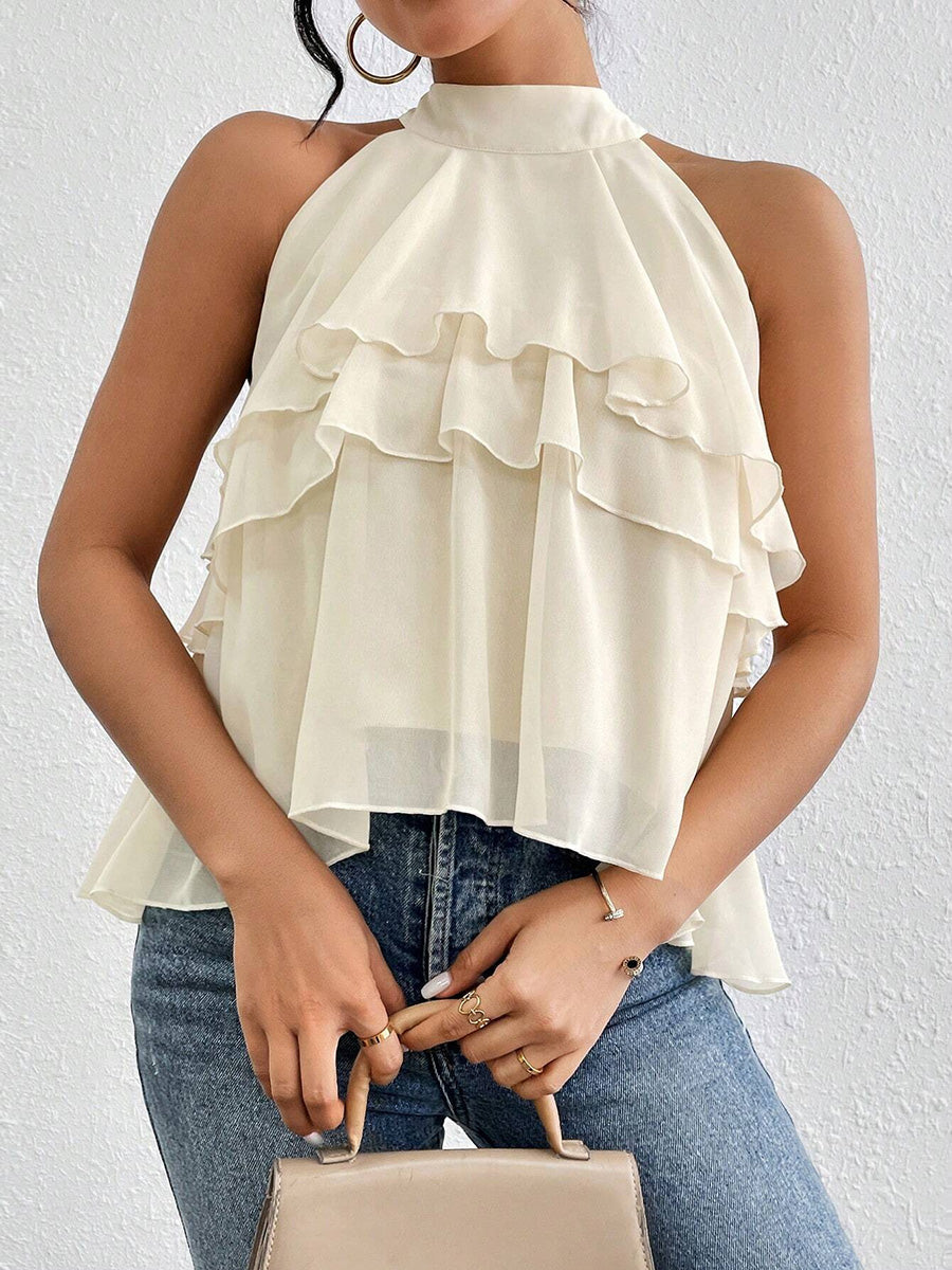 Sleeveless Hollow Ruffle Trim Solid Color Split-Joint Halter-Neck Tank Top