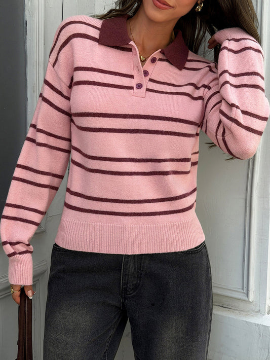 Striped Buttoned Loose Long Sleeves Lapel Sweater Tops Pullovers