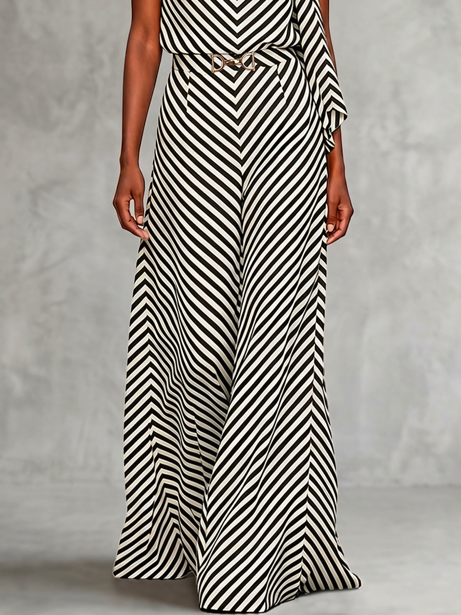 High Waisted Loose Buckle Contrast Color Elasticity Striped Pants Trousers