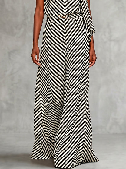 High Waisted Loose Buckle Contrast Color Elasticity Striped Pants Trousers