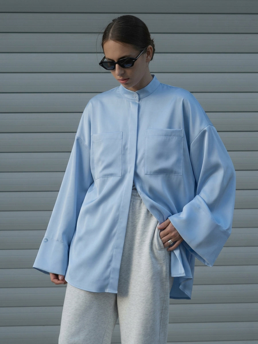 Flared Sleeves Long Sleeves Buttoned Pockets Solid Color Stand Collar Blouses&Shirts Tops