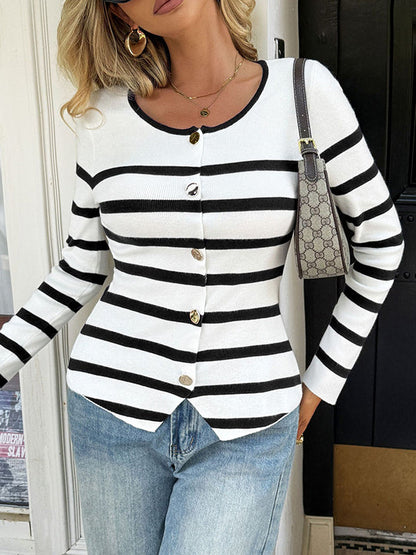 Long Sleeves Skinny Buttoned Contrast Color Split-Joint Striped Round-Neck Cardigan Tops Outerwear