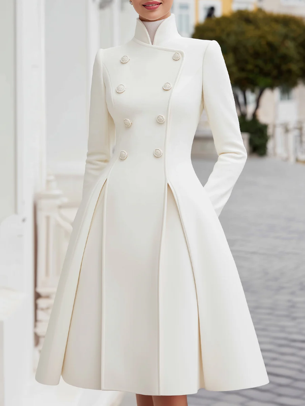 A-Line High Waisted Buttoned Pleated Pockets Solid Color Stand Collar Midi Dresses Overcoat