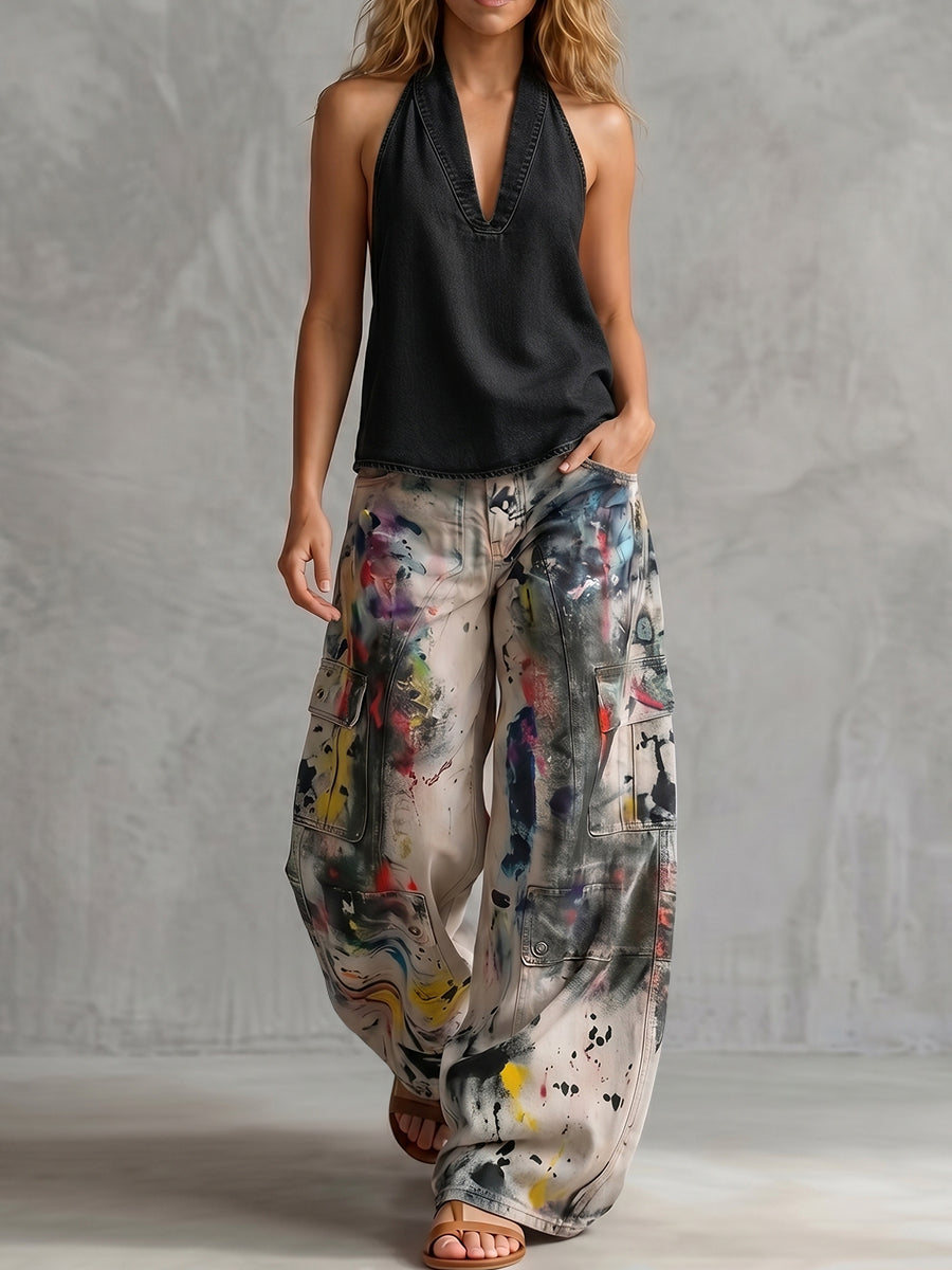 High Waisted Wide Leg Buttoned Contrast Color Graffiti Printed Pockets Jean Pants Bottoms