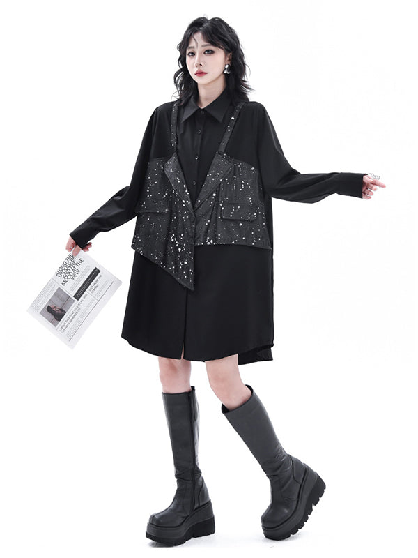 False Two Hipster Asymmetric Split-Joint Textured Lapel Collar Mini Dresses