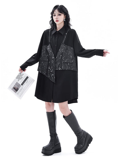 False Two Hipster Asymmetric Split-Joint Textured Lapel Collar Mini Dresses