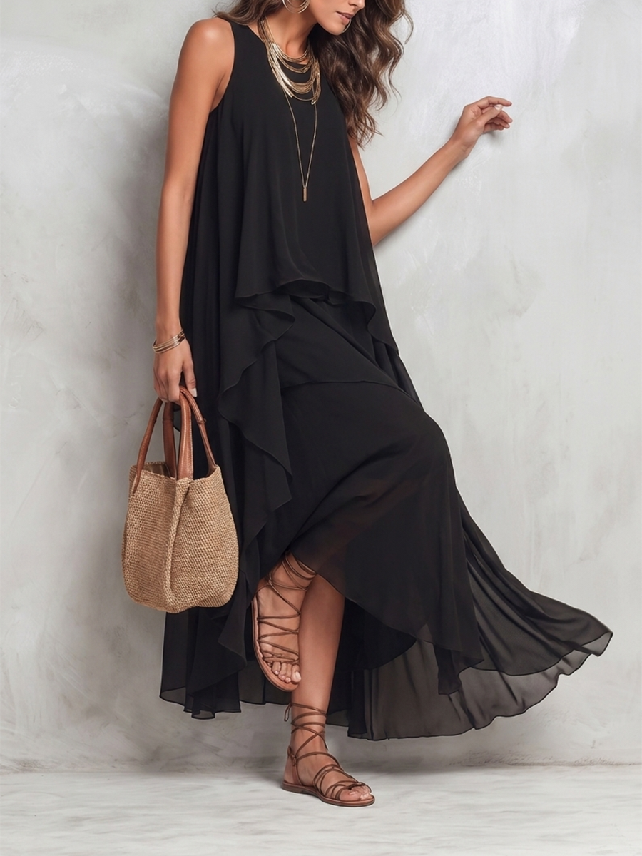 Solid Color Layered Sleeveless Loose Round-Neck Maxi Dresses