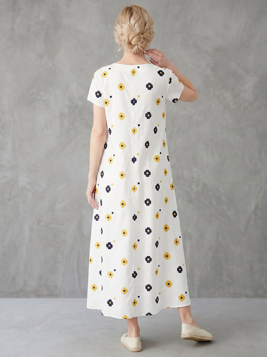 A-Line Loose Contrast Color Floral Printed V-Neck Maxi Dresses