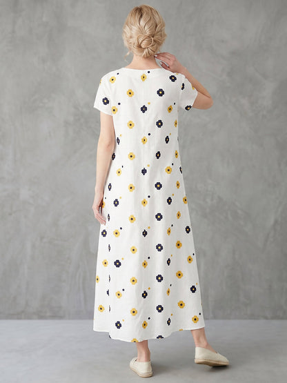 A-Line Loose Contrast Color Floral Printed V-Neck Maxi Dresses