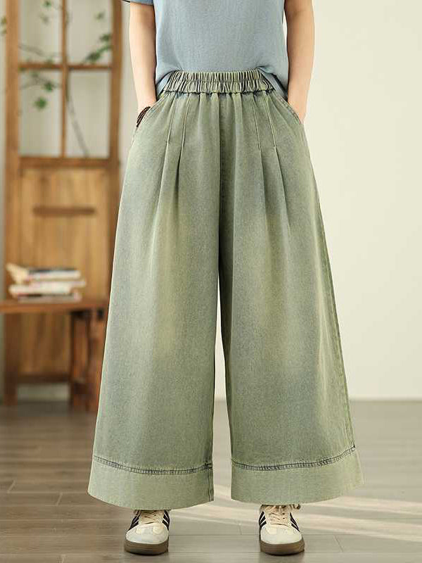 Loose Wide Leg Elasticity Pleated Pockets Jean Pants Bottoms Trousers