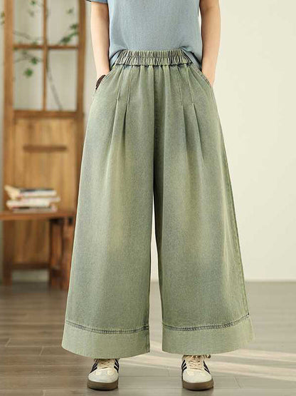 Loose Wide Leg Elasticity Pleated Pockets Jean Pants Bottoms Trousers