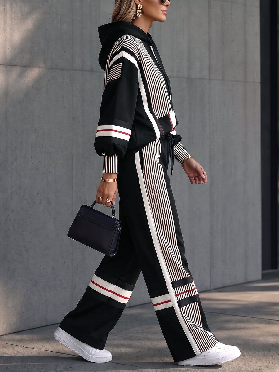 Striped Pockets Drawstring Contrast Color High Waisted Trousers Pants