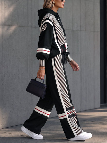 Striped Pockets Drawstring Contrast Color High Waisted Trousers Pants