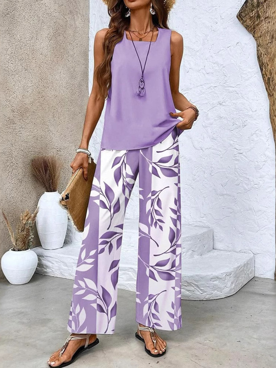 Loose Solid Color Square-Neck Tank Top + Contrast Color Leaves Print Pockets High Waisted Trousers Pants Two Pieces Set