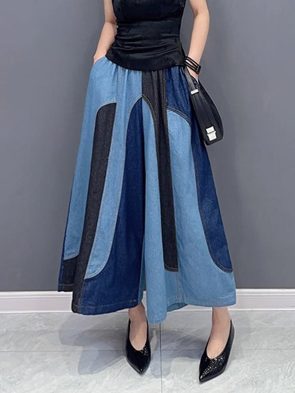 Loose Wide Leg Contrast Color Elasticity Split-Joint Jean Pants Bottoms