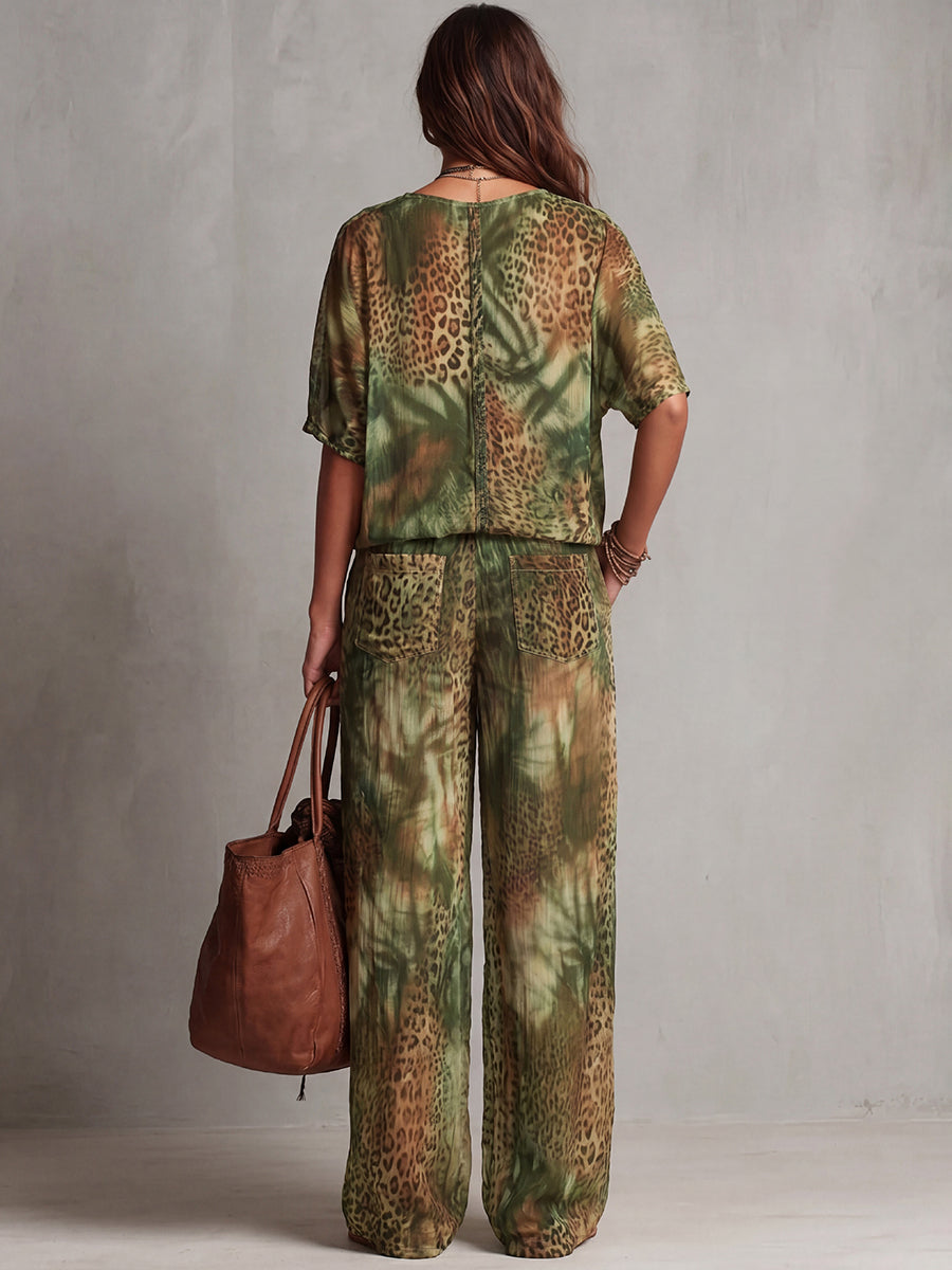 High Waisted Wide Leg Contrast Color Elasticity Leopard Pockets Pants Trousers