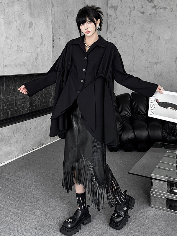 High-Low Irregularity Buttoned Pleated Solid Color Split-Joint Shirt Collar Blouses&Shirts Tops