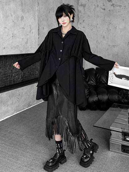 High-Low Irregularity Buttoned Pleated Solid Color Split-Joint Shirt Collar Blouses&Shirts Tops