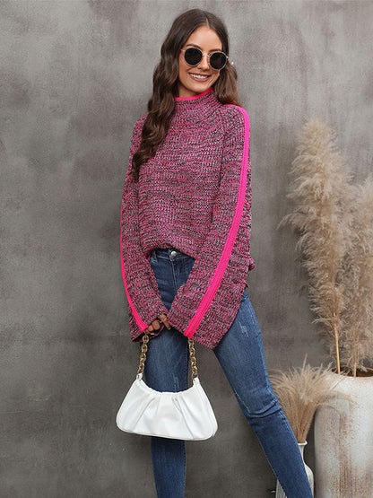 Casual Long Sleeves Loose Contrast Color Half Turtleneck Sweater Tops