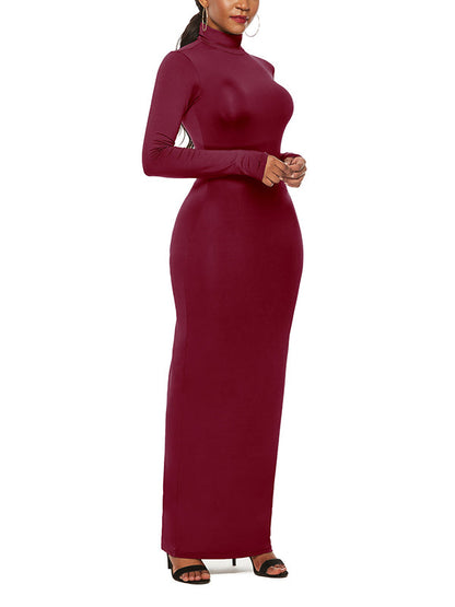 Bodycon Long Sleeves Solid Color High Neck Maxi Dresses