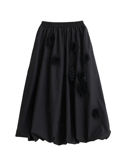 Loose Flower-Embellished Elastics Solid Color Skirts Bottoms