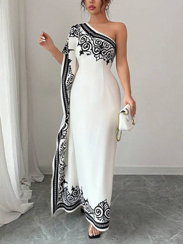 Batwing Sleeves Loose Asymmetric Elasticity Flower Print Pleated One-Shoulder Maxi Dresses