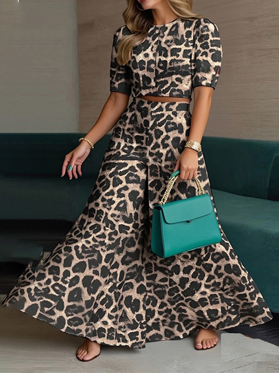 High Waisted Loose Buttoned Leopard Round-Neck Blouses Top + Pants Bottom Two Pieces Set