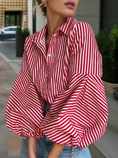 Striped Split-Joint Drawstring Buttoned Puff Sleeves Loose Lapel Blouses&shirts Tops