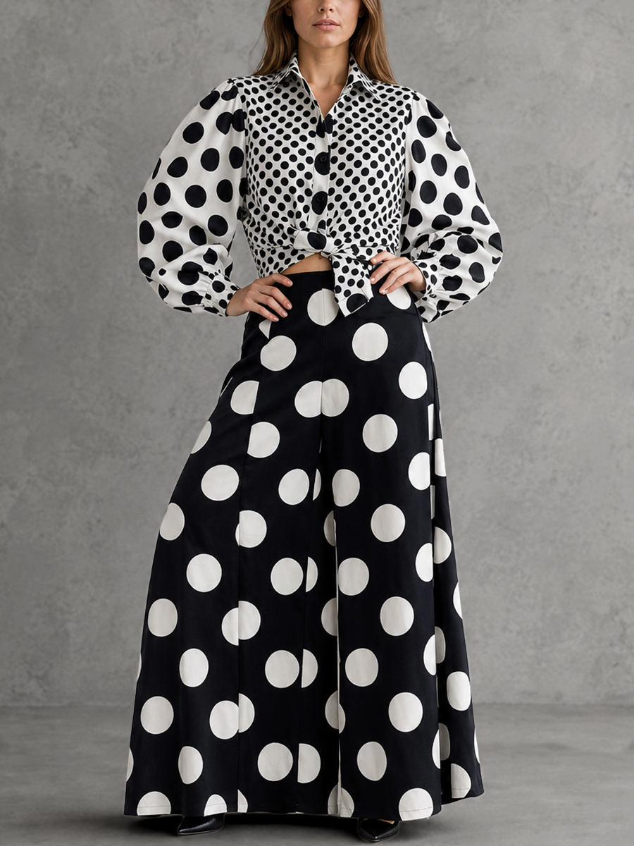 Long Sleeves Loose Buttoned Contrast Color Pleated Polka Dot Split-Joint Lapel Blouses&Shirts Tops