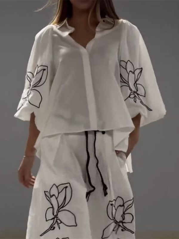 Loose Three-Quarter Sleeves Buttoned Flower Print Lapel Blouses&Shirts Tops