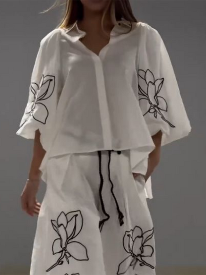 Loose Three-Quarter Sleeves Buttoned Flower Print Lapel Blouses&Shirts Tops