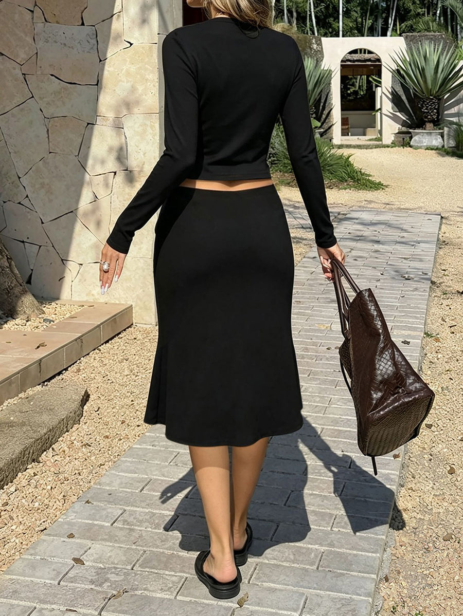 Solid Color Long Sleeves Bodycon Round-neck Two Pieces Set