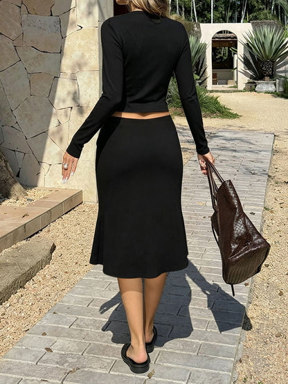 Solid Color Long Sleeves Bodycon Round-neck Two Pieces Set