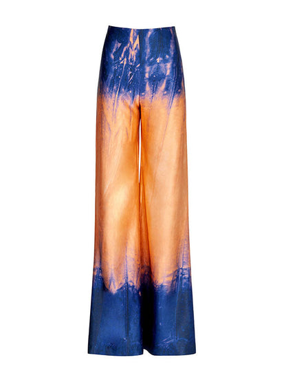 High Waisted Loose Contrast Color Gradient Split-Joint Tie-Dyed Pants Trousers