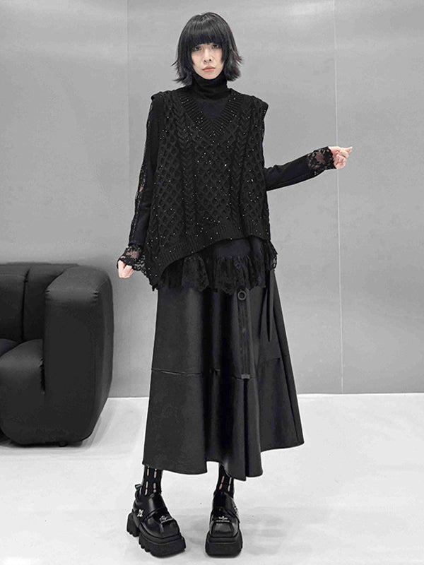 Hipster Long Sleeves See-Through Split-Joint High Neck T-Shirts Tops