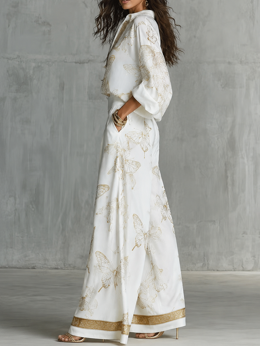 High Waisted Wide Leg Butterfly Print Contrast Color Pockets Pants Trousers