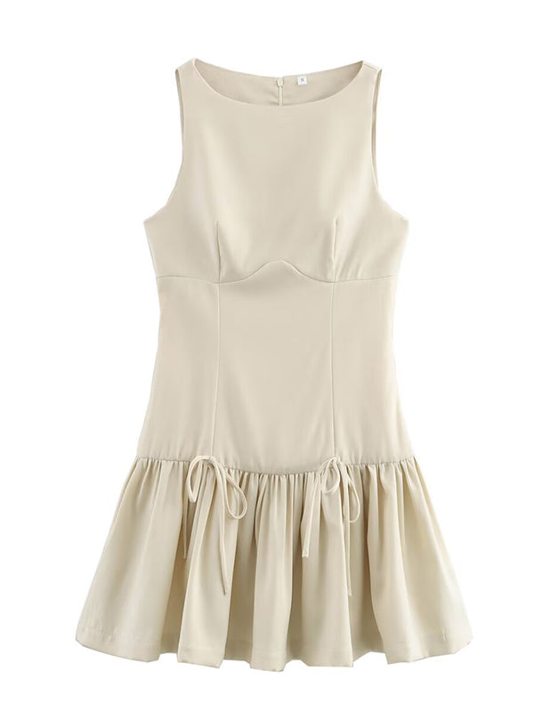 Mini-robe trapèze ample plissée de couleur unie avec fermeture éclair et col rond 