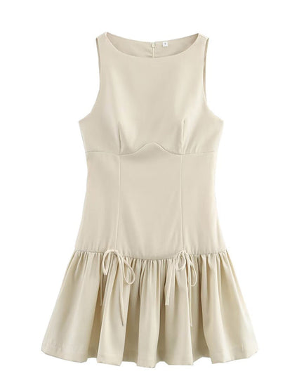 Mini-robe trapèze ample plissée de couleur unie avec fermeture éclair et col rond 