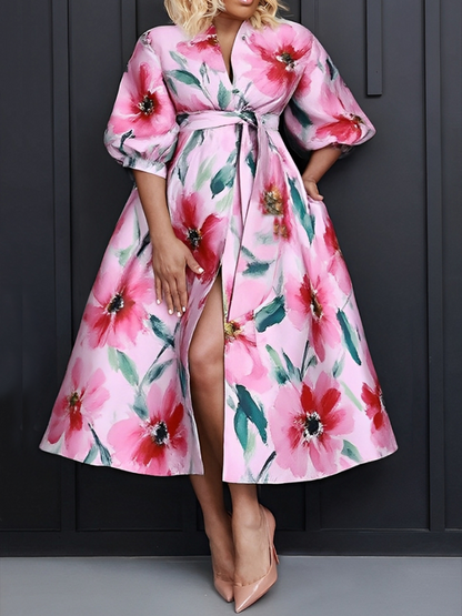 A-Line Half Sleeves Flower Print Tied Waist V-Neck Midi Dresses