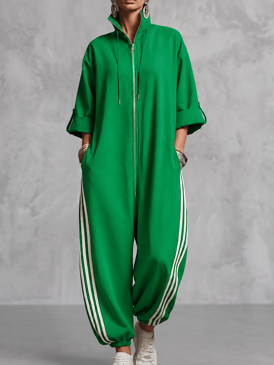 Zipper Striped Pockets Elasticity Drawstring Contrast Color Buttoned Wide Leg Three-quarter Sleeves Stand Collar Jumpsuits