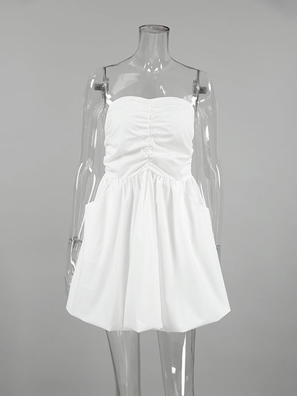 A-Line High Waisted Elasticity Pleated Pockets Solid Color Tube Mini Dresses