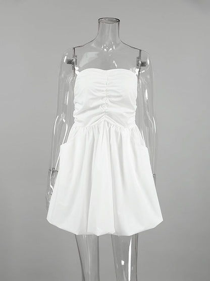 A-Line High Waisted Elasticity Pleated Pockets Solid Color Tube Mini Dresses