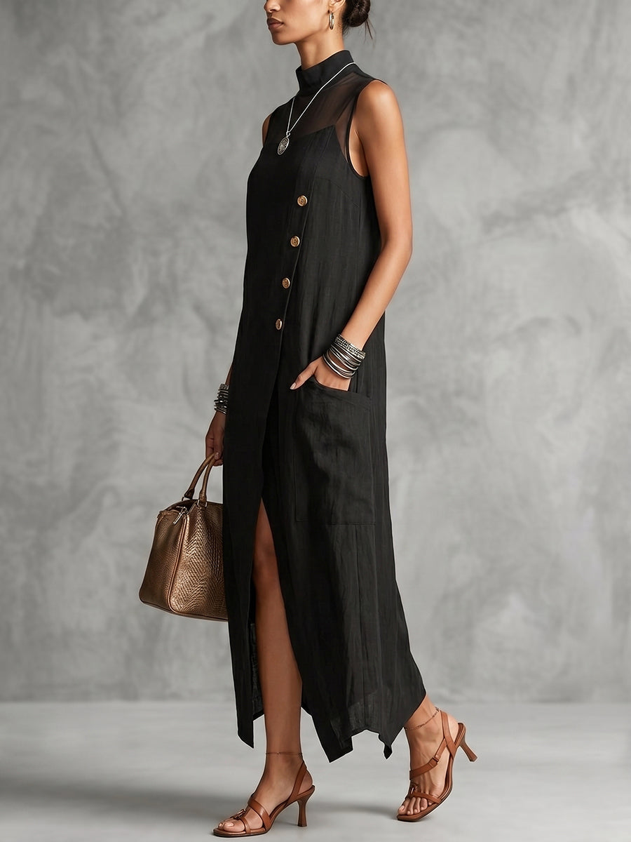 A-Line Sleeveless Asymmetric Buttoned Pockets See-Through Solid Color Mock Neck Maxi Dresses