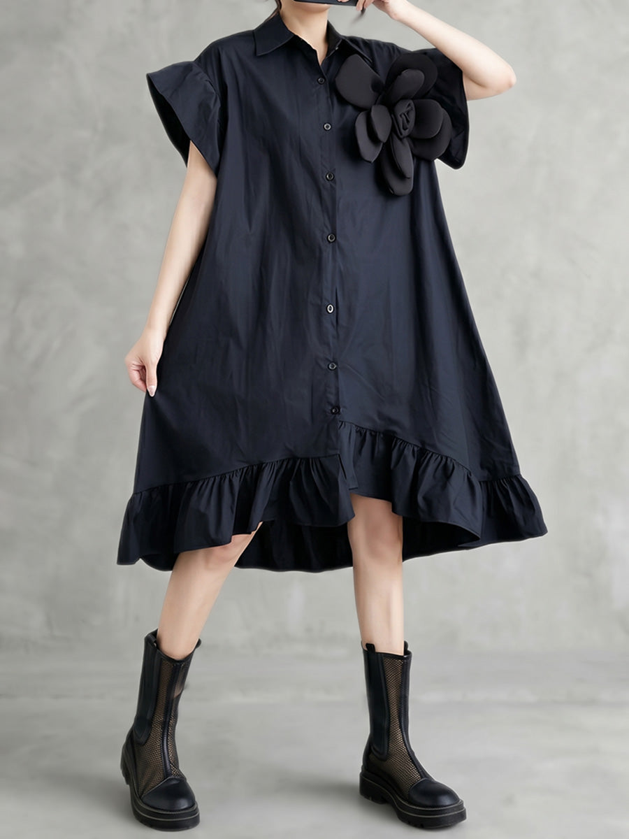 Loose Short Sleeves Asymmetric Buttoned Ruffled Solid Color Three-Dimensional Flower Lapel Midi Dresses