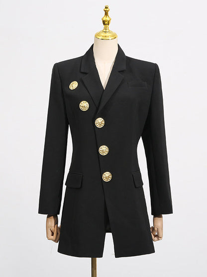 Long Sleeves Loose Buttoned Pockets Solid Color Notched Collar Blazer Outerwear