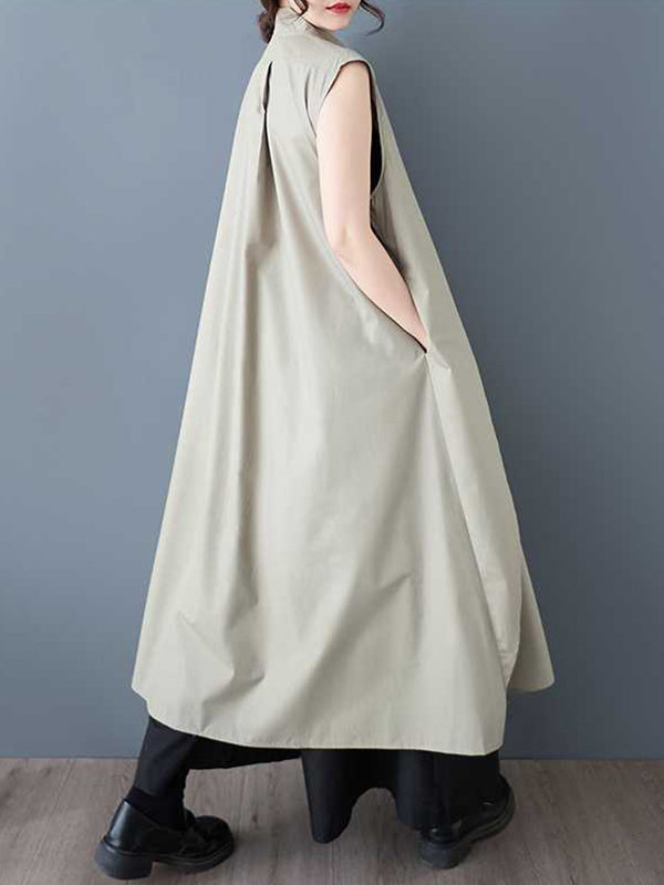 A-Line Loose Pockets Solid Color Tied Zipper V-Neck Midi Dresses Shirt Dress