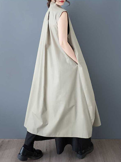 A-Line Loose Pockets Solid Color Tied Zipper V-Neck Midi Dresses Shirt Dress