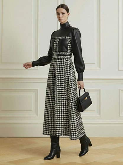 A-Line Loose Contrast Color Split-Joint Swallow Gird/Houndstooth Zipper High Neck Maxi Dresses