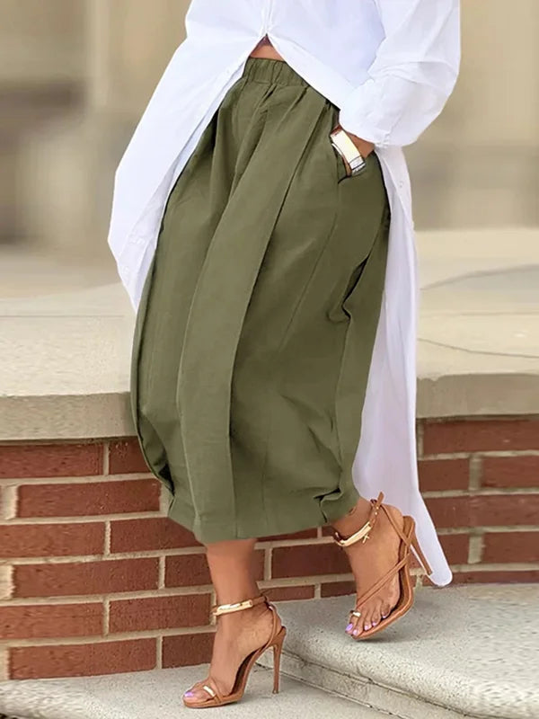 Solid Color Pockets Pleated Wide Leg Loose Pants